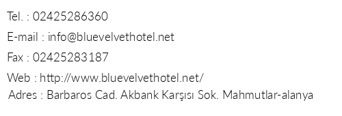 Blue Velvet Hotel telefon numaralar, faks, e-mail, posta adresi ve iletiim bilgileri